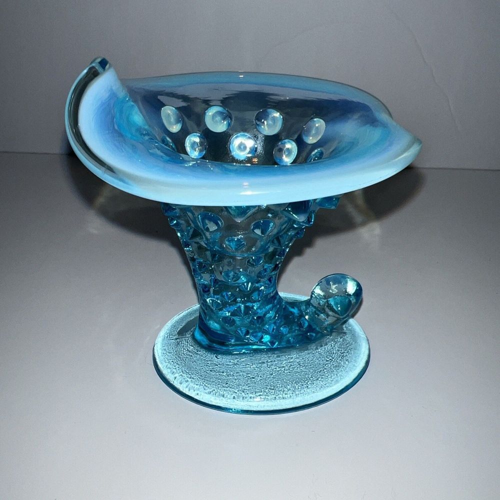 Fenton Cornocopia Horn Blue Opalescent Hobnail Glass Bud Vase Candle Holder